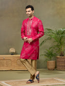 Pink Silk Printed Kurta with Highlight Embroidery and Aligarhi Pant - KORANM