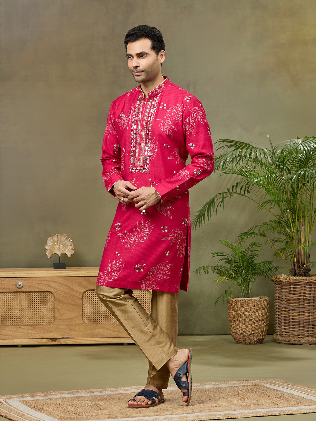 Pink Silk Printed Kurta with Highlight Embroidery and Aligarhi Pant - KORANM