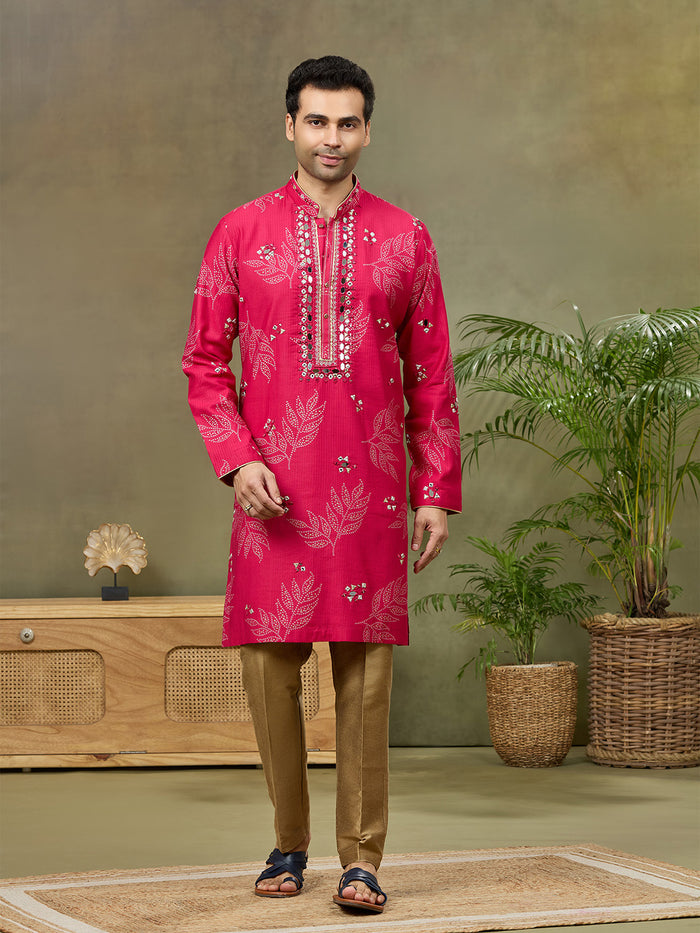 Pink Silk Printed Kurta with Highlight Embroidery and Aligarhi Pant - KORANM
