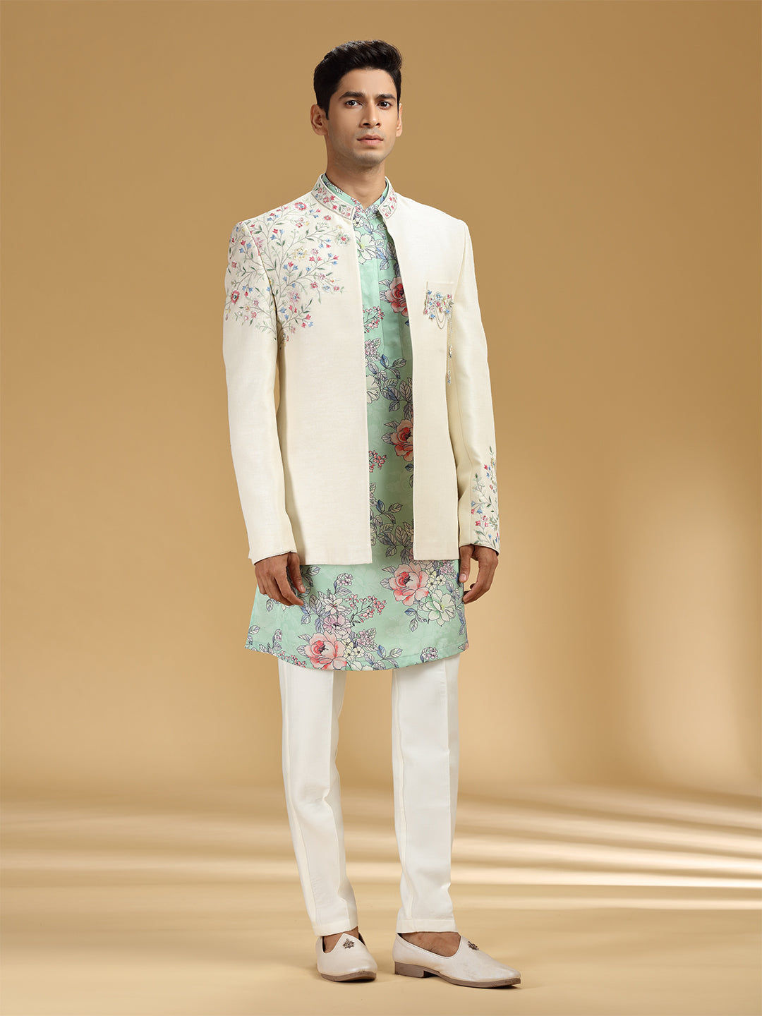 Cream Khadi Silk Embroidered Jodhpuri Set - KORANM