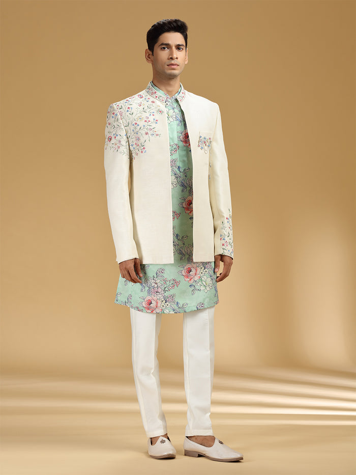 Cream Khadi Silk Embroidered Jodhpuri Set