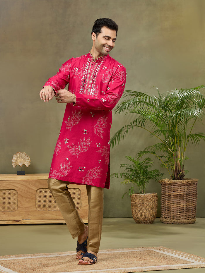 Pink Silk Printed Kurta with Highlight Embroidery and Aligarhi Pant - KORANM