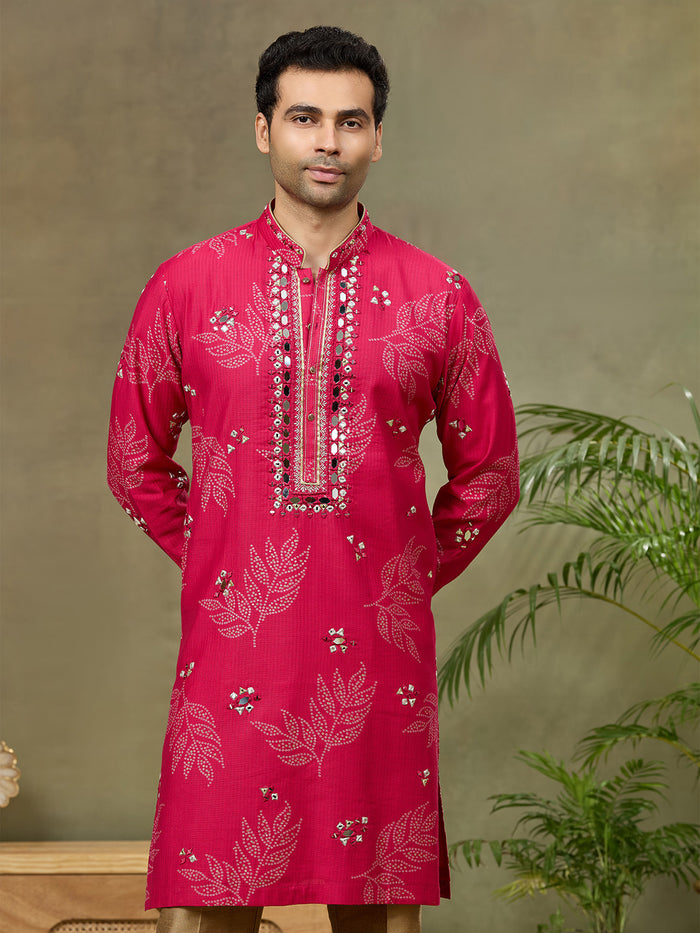 Pink Silk Printed Kurta with Highlight Embroidery and Aligarhi Pant - KORANM