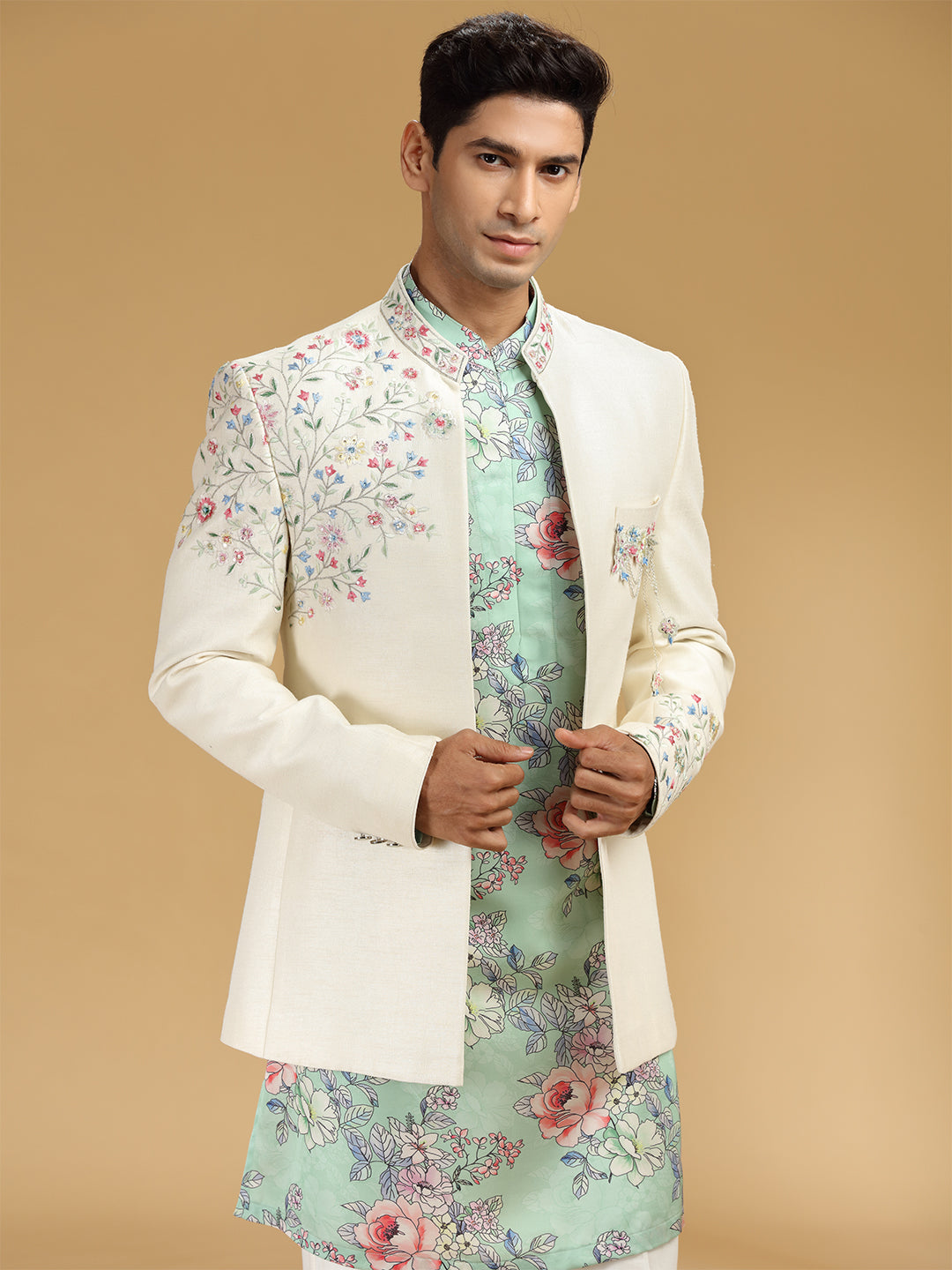 Cream Khadi Silk Embroidered Jodhpuri Set - KORANM