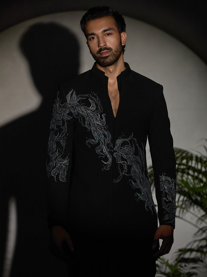 Black Floral Hand-Painted & Embroidered Stroma Indo-Western Set