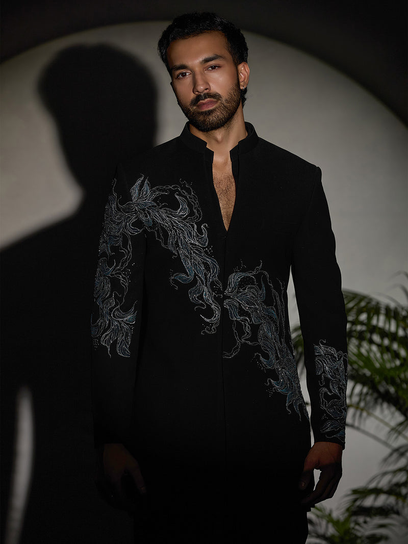 Black Floral Hand-Painted & Embroidered Stroma Indo-Western Set - KORANM