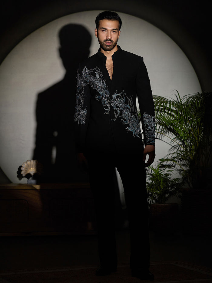 Black Floral Hand-Painted & Embroidered Stroma Indo-Western Set