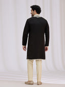 Black Satin Linen Kurta Set for Men with Resham Work & Cream Aligarhi