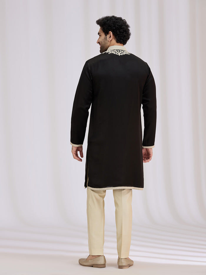 Black Satin Linen Kurta Set for Men with Resham Work & Cream Aligarhi - KORANM