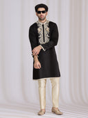 Black Satin Linen Kurta Set for Men with Resham Work & Cream Aligarhi