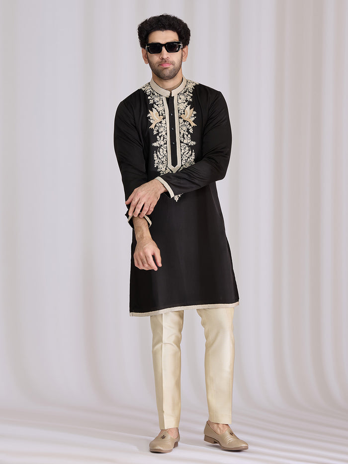 Black Satin Linen Kurta Set for Men with Resham Work & Cream Aligarhi - KORANM