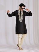 Black Satin Linen Kurta Set for Men with Resham Work & Cream Aligarhi