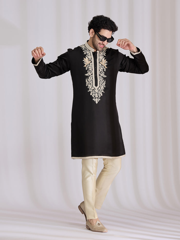 Black Satin Linen Kurta Set for Men with Resham Work & Cream Aligarhi - KORANM