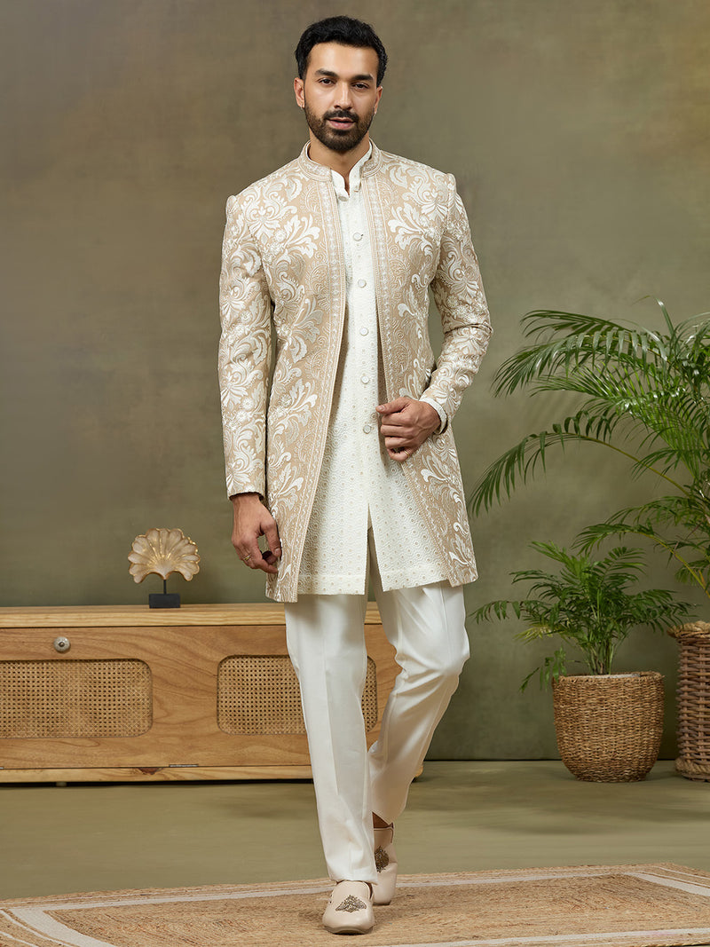 Mouse Floral Lakhnavi Fabric Embroidered Indo-Western Set with White Pant - KORANM
