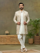 Mouse Floral Lakhnavi Fabric Embroidered Indo-Western Set with White Pant
