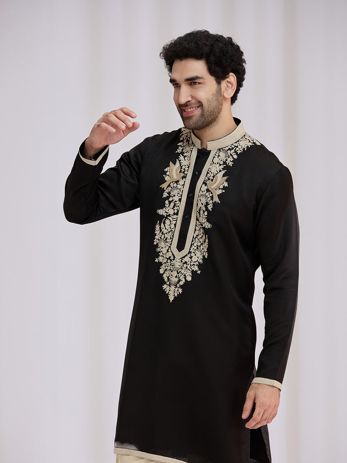 Black Satin Linen Kurta Set for Men with Resham Work & Cream Aligarhi - KORANM