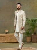 Mouse Floral Lakhnavi Fabric Embroidered Indo-Western Set with White Pant