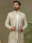 Mouse Floral Lakhnavi Fabric Embroidered Indo-Western Set with White Pant