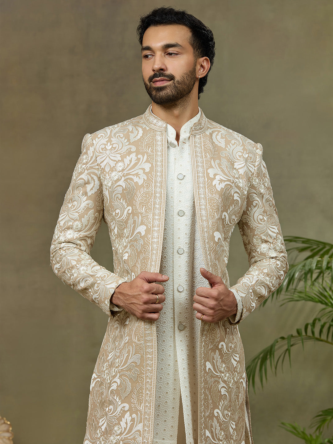 Mouse Floral Lakhnavi Fabric Embroidered Indo-Western Set with White Pant - KORANM