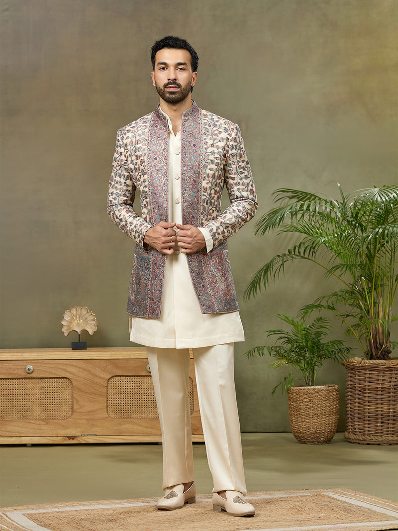 Beige Floral Pashmina Silk Embroidered Indo-Western Set - KORANM