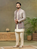 Beige Floral Pashmina Silk Embroidered Indo-Western Set