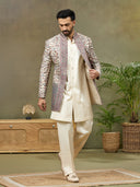 Beige Floral Pashmina Silk Embroidered Indo-Western Set