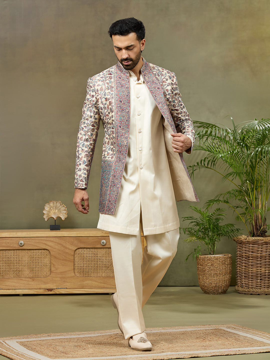 Beige Floral Pashmina Silk Embroidered Indo-Western Set - KORANM