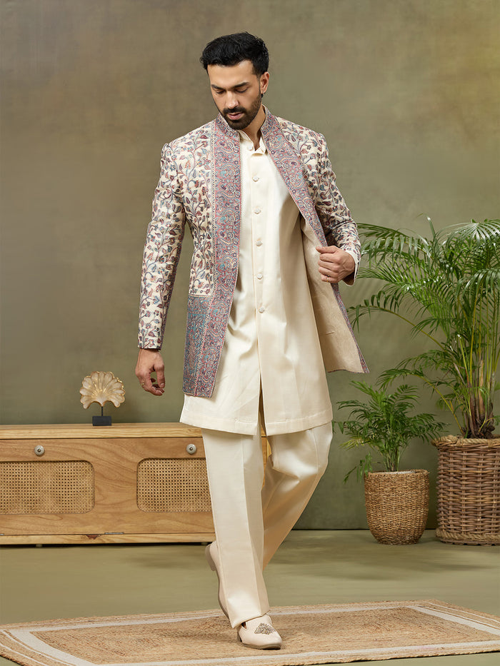Beige Floral Pashmina Silk Embroidered Indo-Western Set