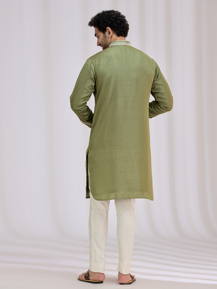 Back view of olive green nysaa kurta set for men