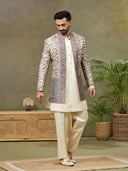 Beige Floral Pashmina Silk Embroidered Indo-Western Set