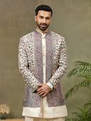 Beige Floral Pashmina Silk Embroidered Indo-Western Set