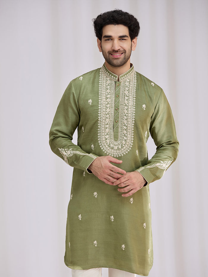 Olive green nysaa kurta set for men with resham thread work and aligarhi – front view