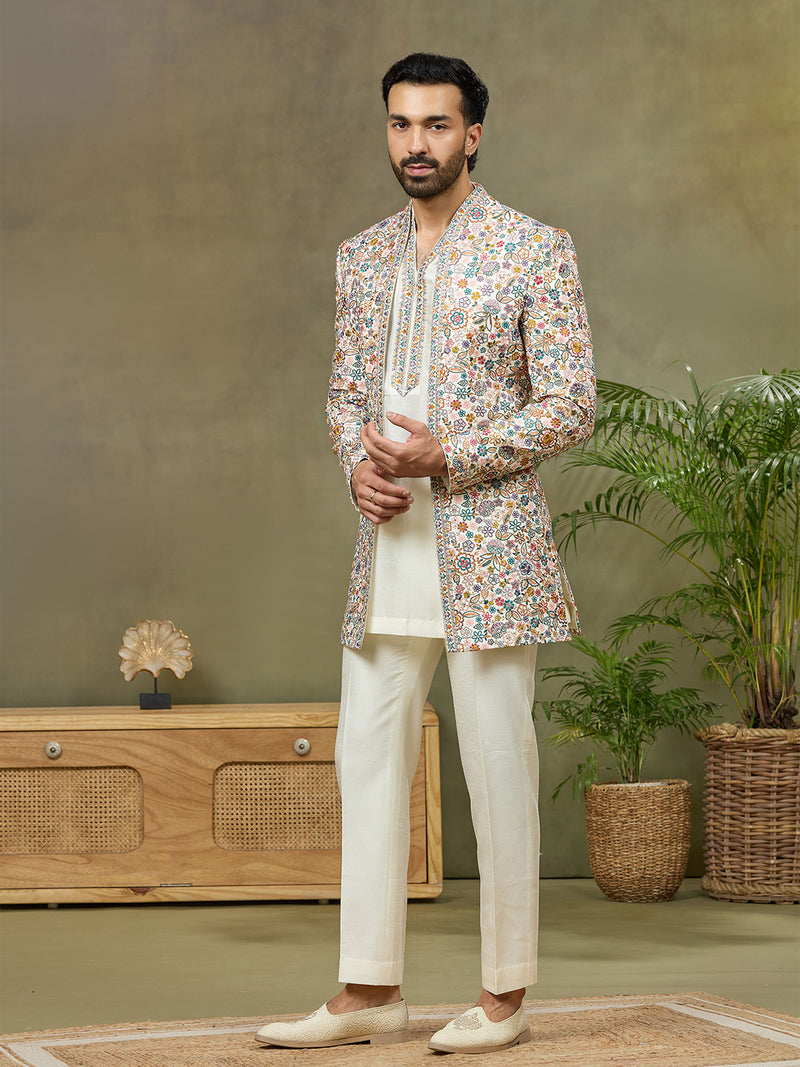 Cream Prabal Silk Floral Embroidered Indo Western Set - KORANM