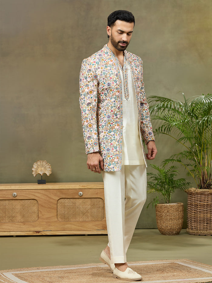 Cream Prabal Silk Floral Embroidered Indo Western Set - KORANM
