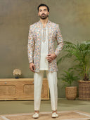 Cream Prabal Silk Floral Embroidered Indo Western Set - KORANM