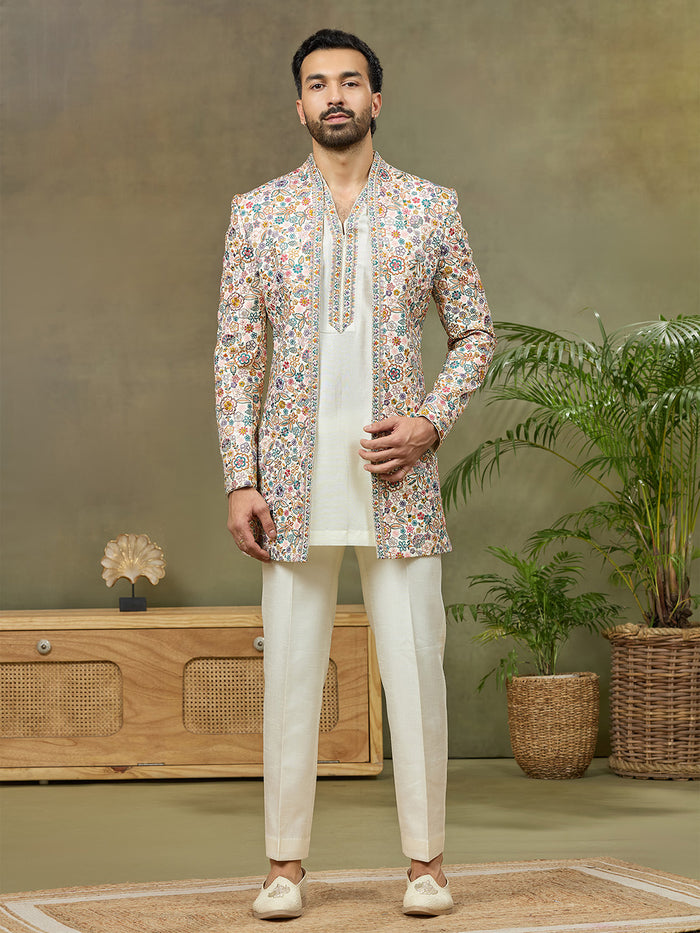 Cream Prabal Silk Floral Embroidered Indo Western Set - KORANM