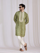 Olive Green Nysaa Kurta Set for Men with Aligarhi & Resham Work