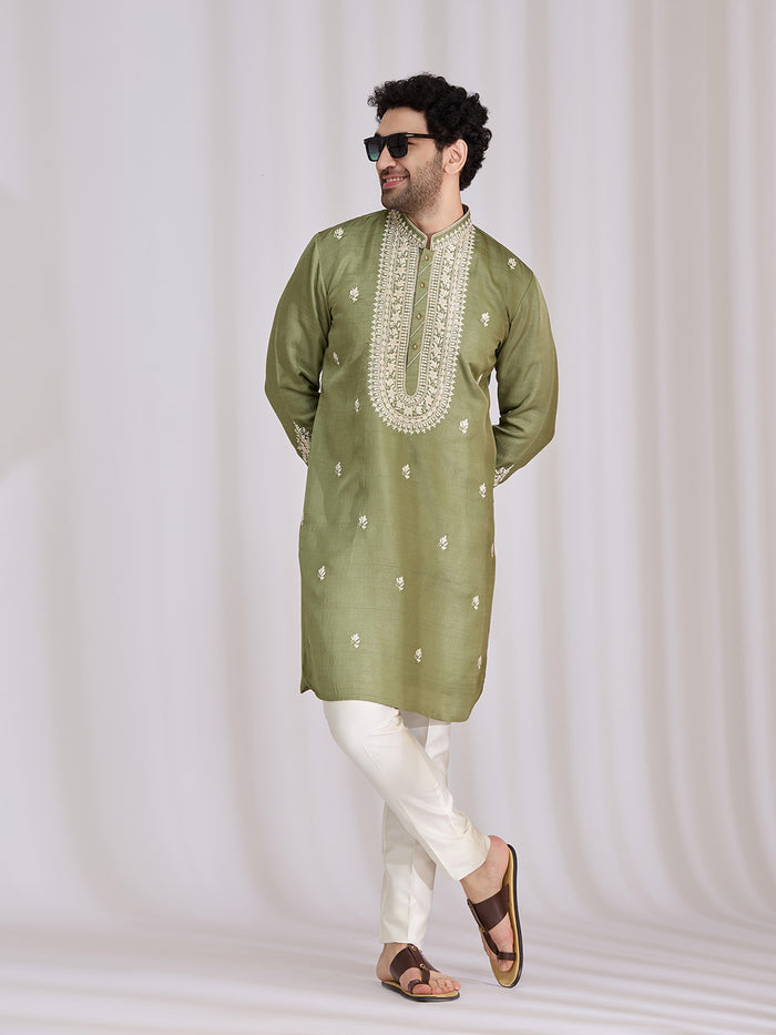Olive Green Nysaa Kurta Set for Men with Aligarhi & Resham Work - KORANM