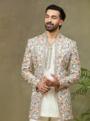 Cream Prabal Silk Floral Embroidered Indo Western Set - KORANM