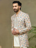 Cream Prabal Silk Floral Embroidered Indo Western Set - KORANM