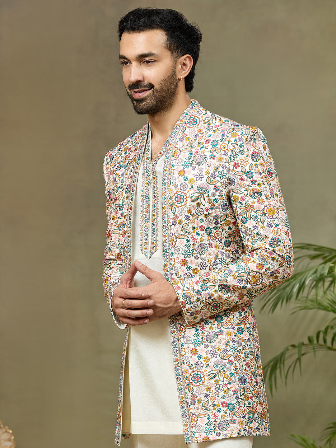Cream Prabal Silk Floral Embroidered Indo Western Set - KORANM