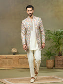 Cream Prabal Silk Floral Embroidered Indo Western Set - KORANM