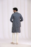 Back view of grey tissue silk geometric bandi jacket set for men