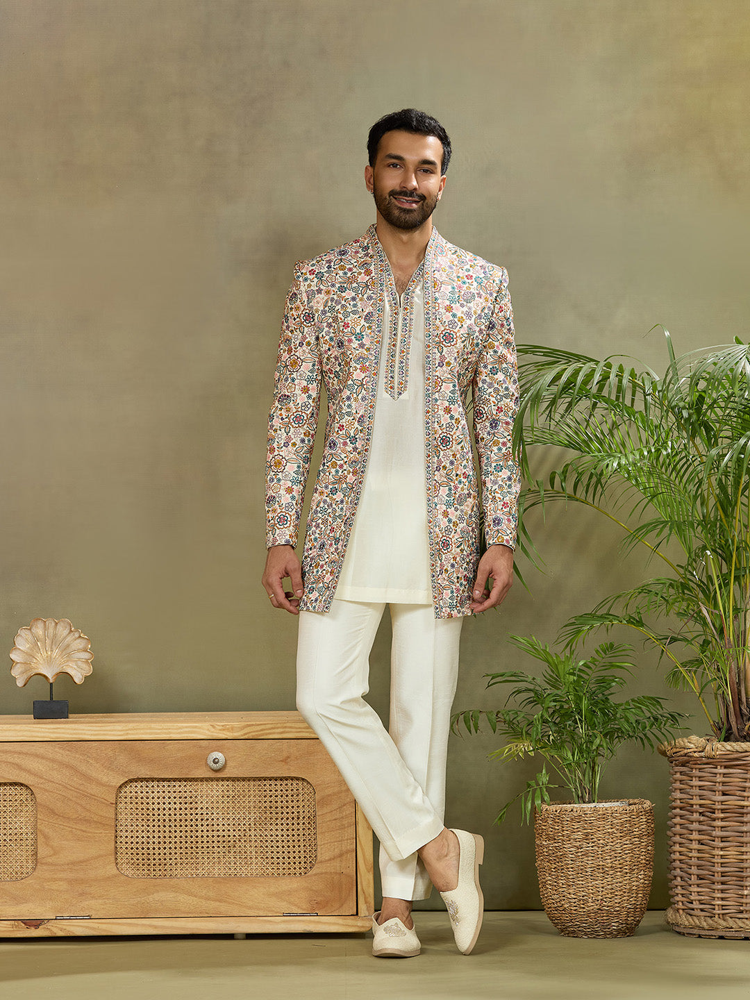Cream Prabal Silk Floral Embroidered Indo Western Set - KORANM