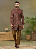 Rust Velvet Paisley Digital Print Indo Western Set with Pant - KORANM
