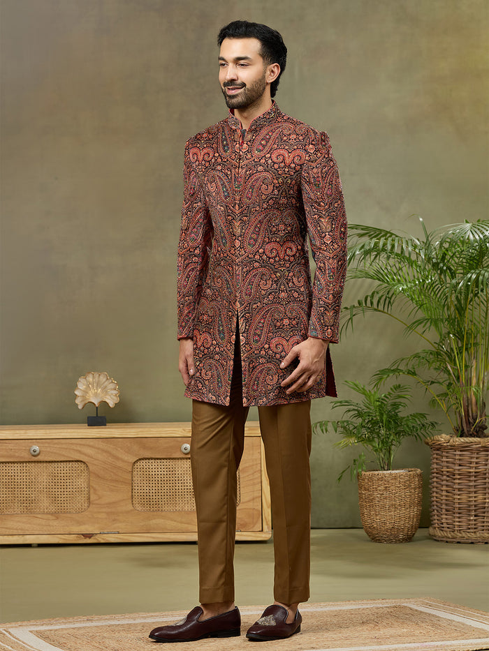 Rust Velvet Paisley Digital Print Indo Western Set with Pant - KORANM