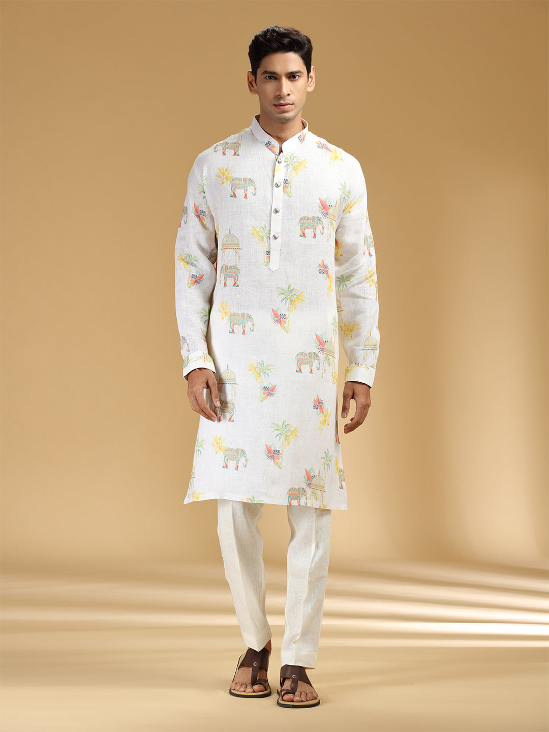 Classic Cream & White Printed Kurta Set - KORANM