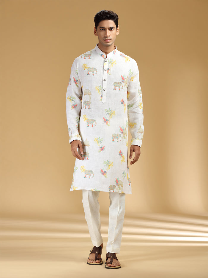 Classic Cream & White Printed Kurta Set - KORANM