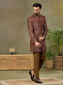 Rust Velvet Paisley Digital Print Indo Western Set with Pant - KORANM