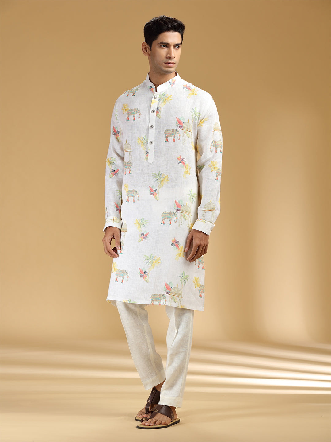 Classic Cream & White Printed Kurta Set - KORANM